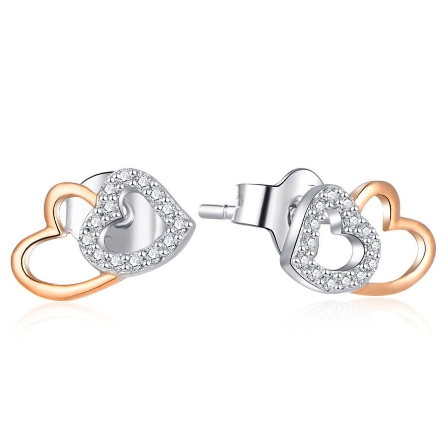 Double heart earrings with diamonds, 14 carat solid gold, white gold combined with rose gold,  gift for woman, gift for Bat Mitzvah, - Image 10