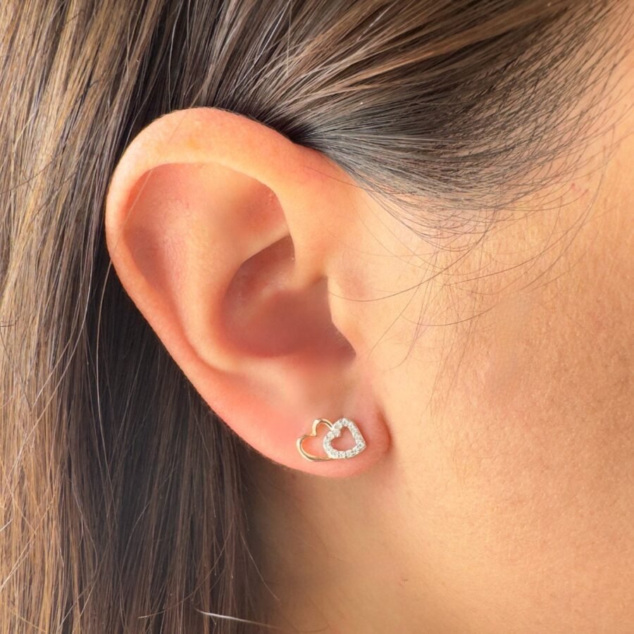 Double heart earrings with diamonds, 14 carat solid gold, white gold combined with rose gold,  gift for woman, gift for Bat Mitzvah, - Image 2