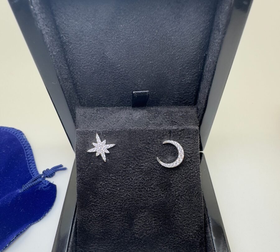 Moon and stars earrings. 14k gold. and natural diamonds.0.21 carat.Heavenly jewelry. Gift for  woman.White gold. - Image 7