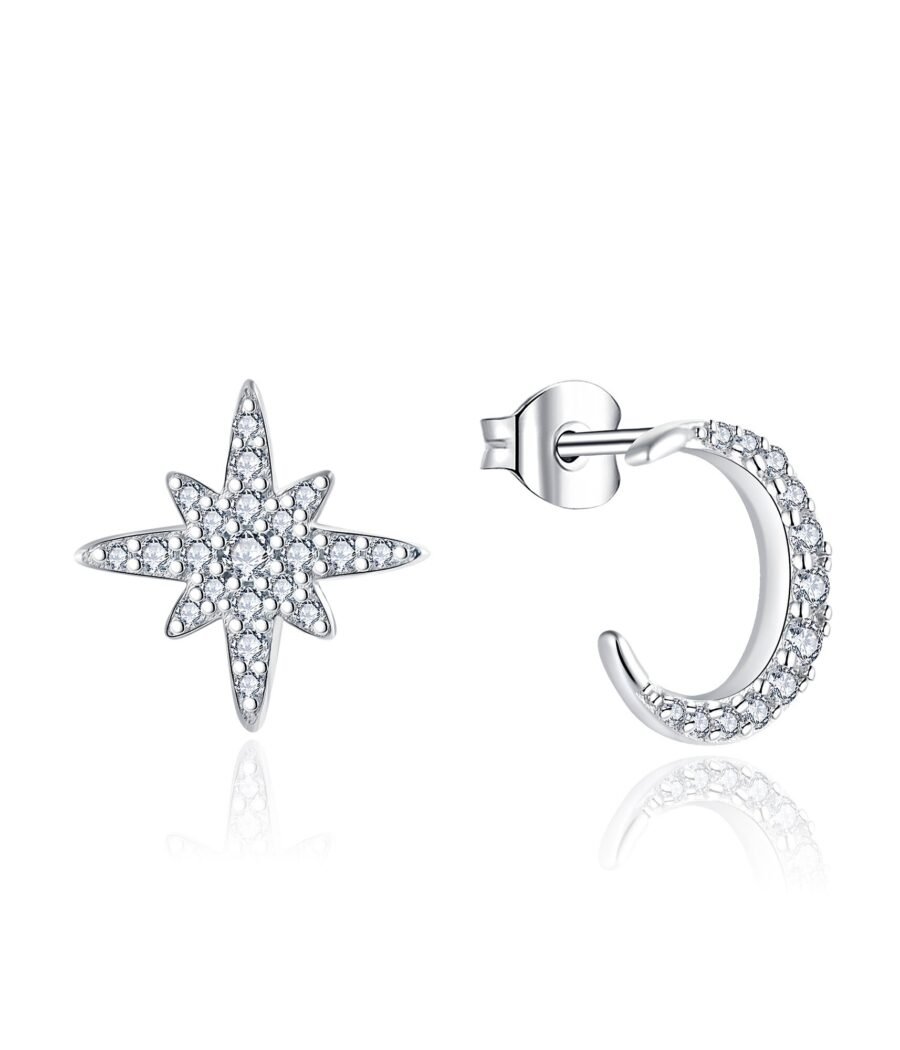 Moon and stars earrings. 14k gold. and natural diamonds.0.21 carat.Heavenly jewelry. Gift for  woman.White gold.