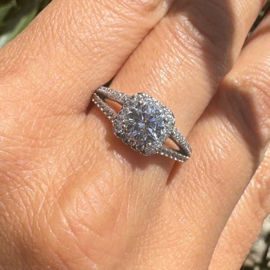 cushion diamond ring. double pava. diamond in  beautiful square design (E Color VVS2 Clarity) round cut. 1.50 carat. Inlaid with halo