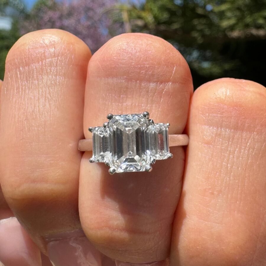 2.20 Carat lab-grown emerald-cut diamond ring, three-stone engagement ring, sided emeralds, anniversary gift, unique design ring. - Image 2