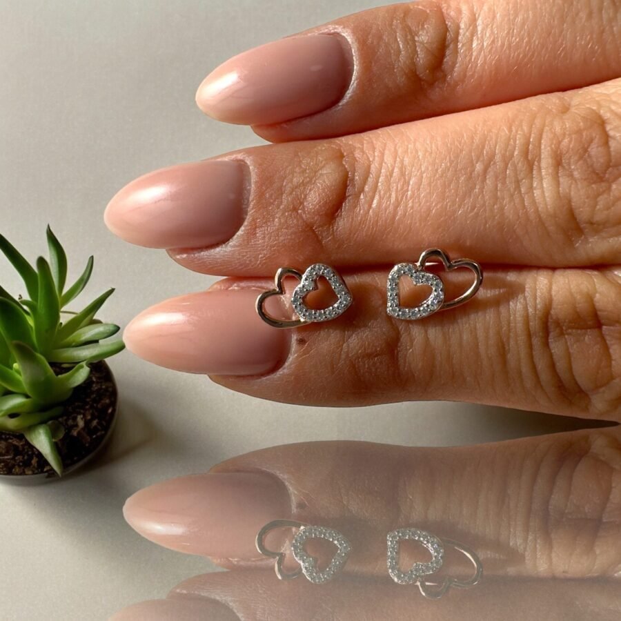 Double heart earrings with diamonds, 14 carat solid gold, white gold combined with rose gold,  gift for woman, gift for Bat Mitzvah, - Image 4