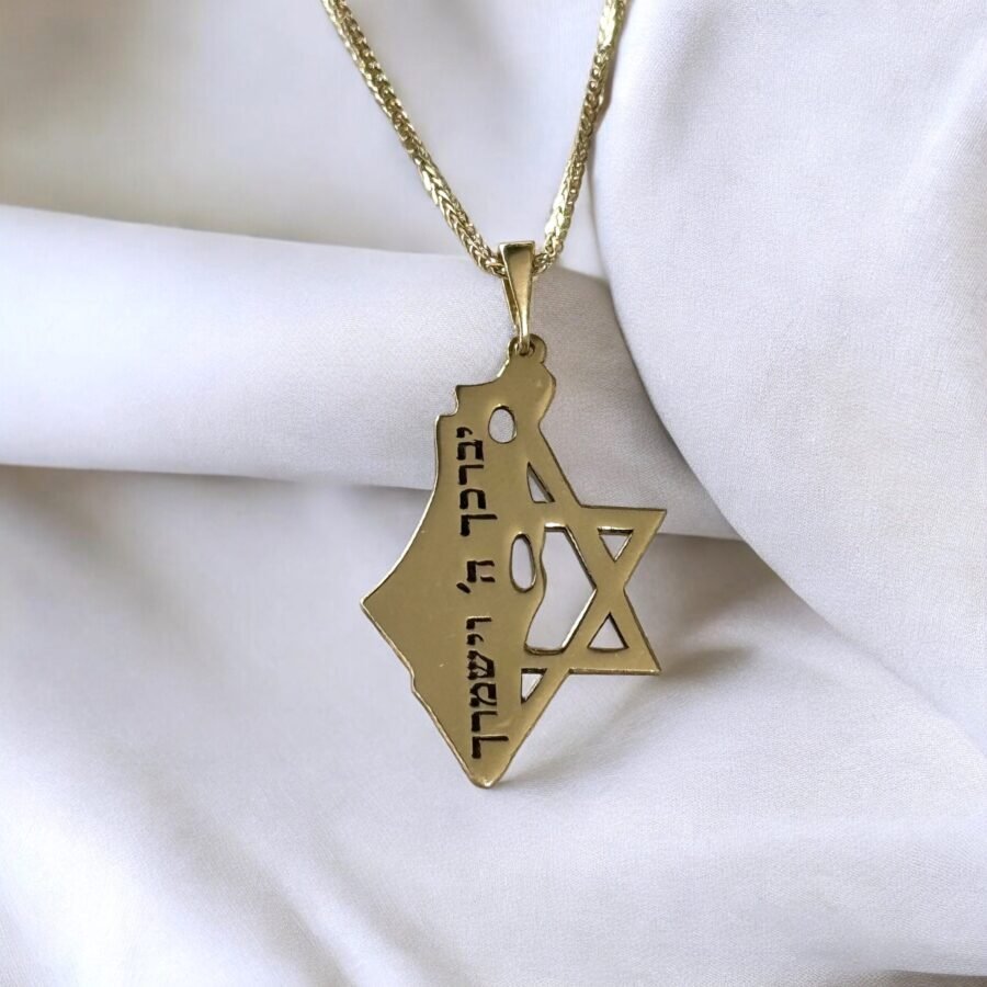 14K solid gold map of Israel pendant together with Star of David, Israel necklace, Jewish Star of David pendant. Gift for  man