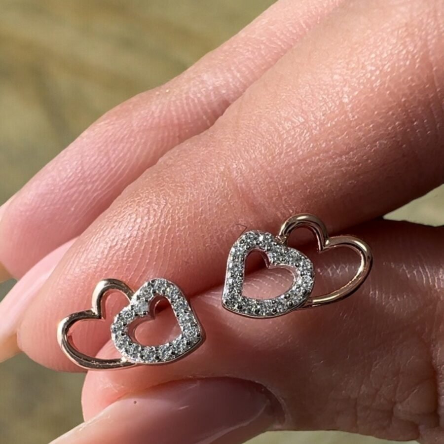 Double heart earrings with diamonds, 14 carat solid gold, white gold combined with rose gold,  gift for woman, gift for Bat Mitzvah, - Image 8