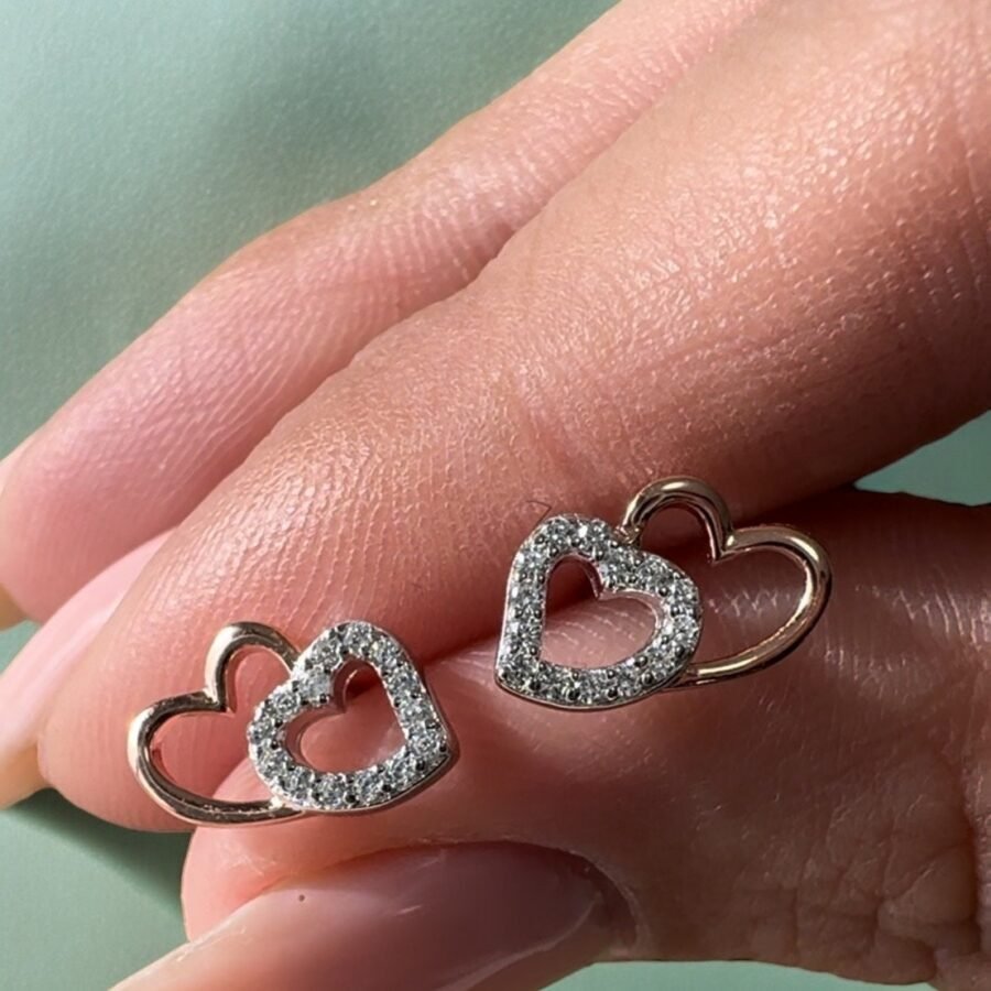 Double heart earrings with diamonds, 14 carat solid gold, white gold combined with rose gold,  gift for woman, gift for Bat Mitzvah, - Image 5