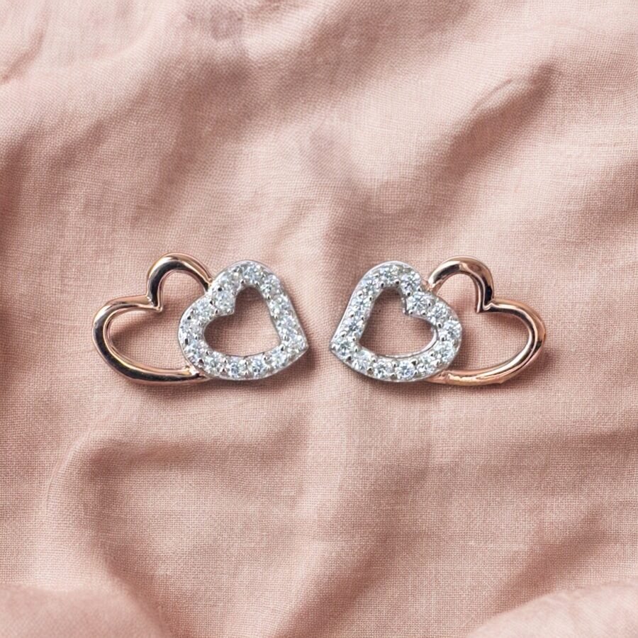 Double heart earrings with diamonds, 14 carat solid gold, white gold combined with rose gold,  gift for woman, gift for Bat Mitzvah, - Image 7