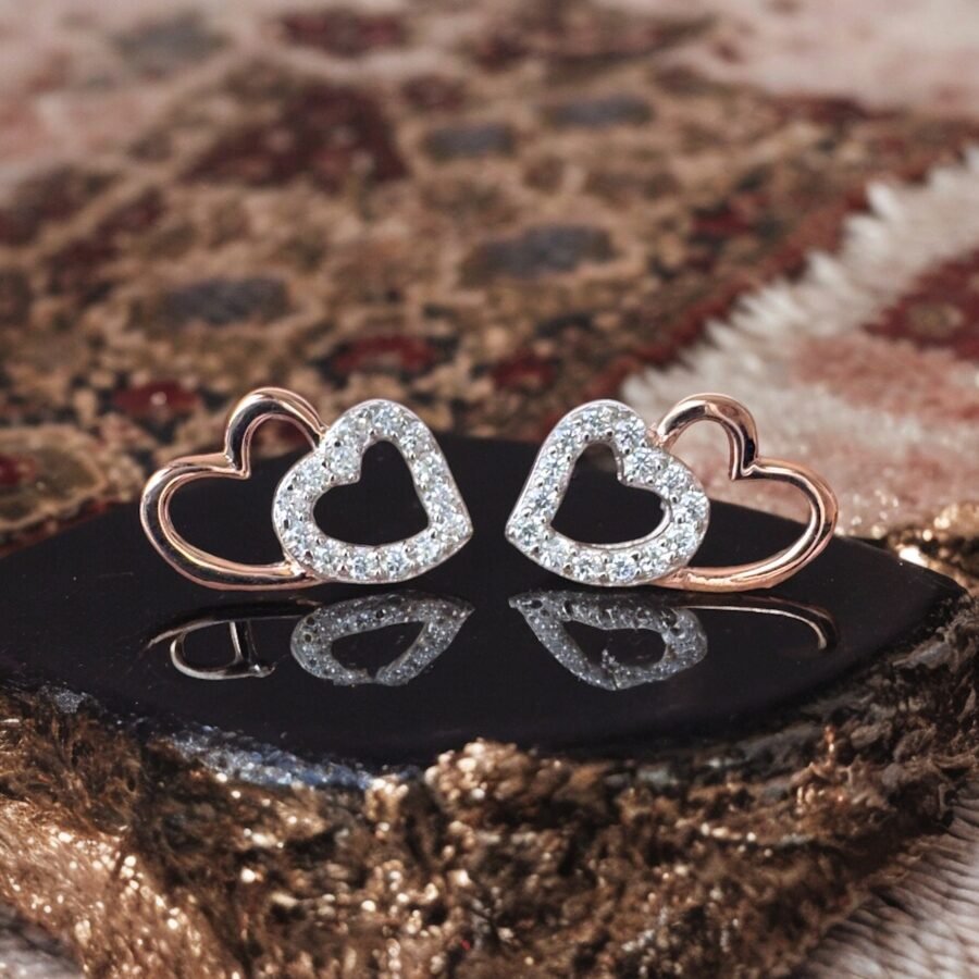 Double heart earrings with diamonds, 14 carat solid gold, white gold combined with rose gold,  gift for woman, gift for Bat Mitzvah,