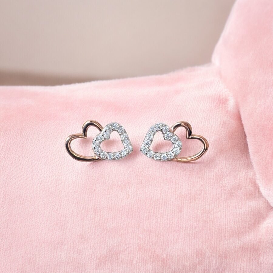 Double heart earrings with diamonds, 14 carat solid gold, white gold combined with rose gold,  gift for woman, gift for Bat Mitzvah, - Image 3