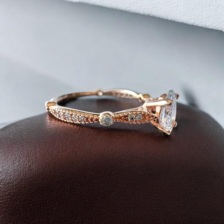 Oval ring set with natural diamonds,( E Color VVS2 Clarity) 0.93 center engagement ring, 14 carat. side diamond setting. - Image 2