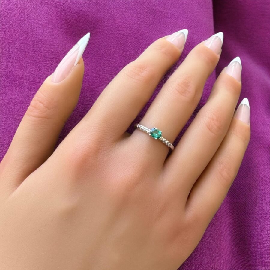 classic oval cut emerald .Emerald ring / 14 carat  ring with diamonds all around / Emerald ring in gold (D Color VVS1 Clarity) - Image 7