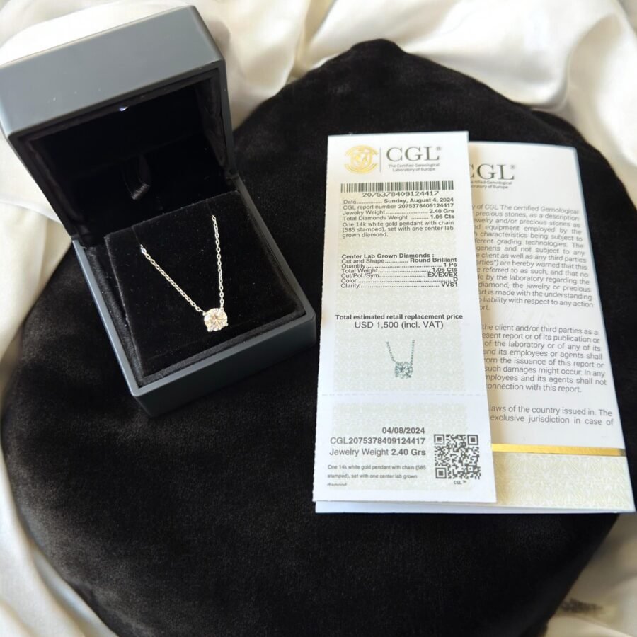 solitaire pendant 1.06 carat diamond necklace,( D Color VVS1 Clarity)  lab-grown diamond. 14 carat gold pendant. gift for her - Image 3