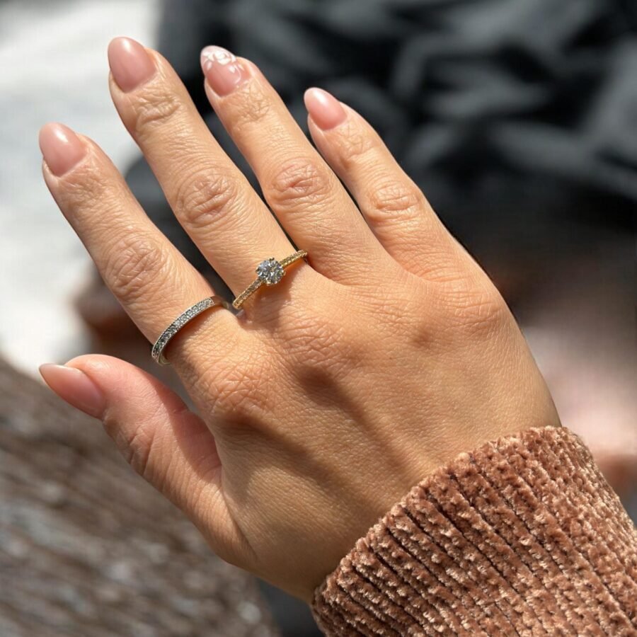 Diamond Engagement Ring Solid Gold Minimalist Solitaire Ring for Women Half Eternity Band Ring 0.91ctw Diamond Promise Ring Bridal Rings