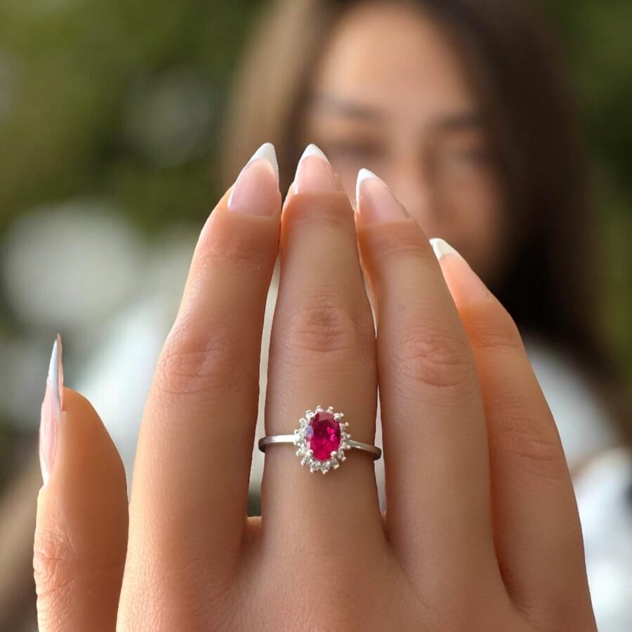 Ruby ring / 14 carat classic oval cut Ruby ring with diamonds all around /Ruby ring in gold (D Color VVS1 Clarity). Diana ring - Image 2