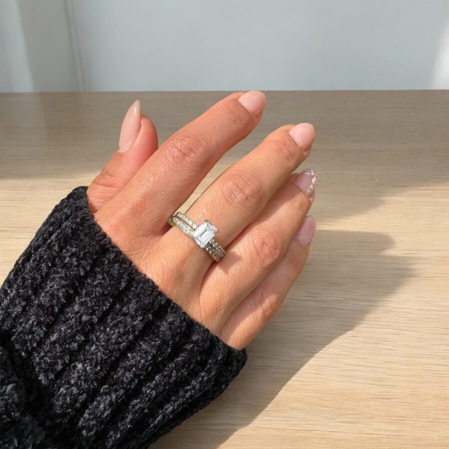 Row ring set with natural diamonds, yellow gold, natural diamonds, 14k. promise ring as wedding anniversary gift. - Image 2