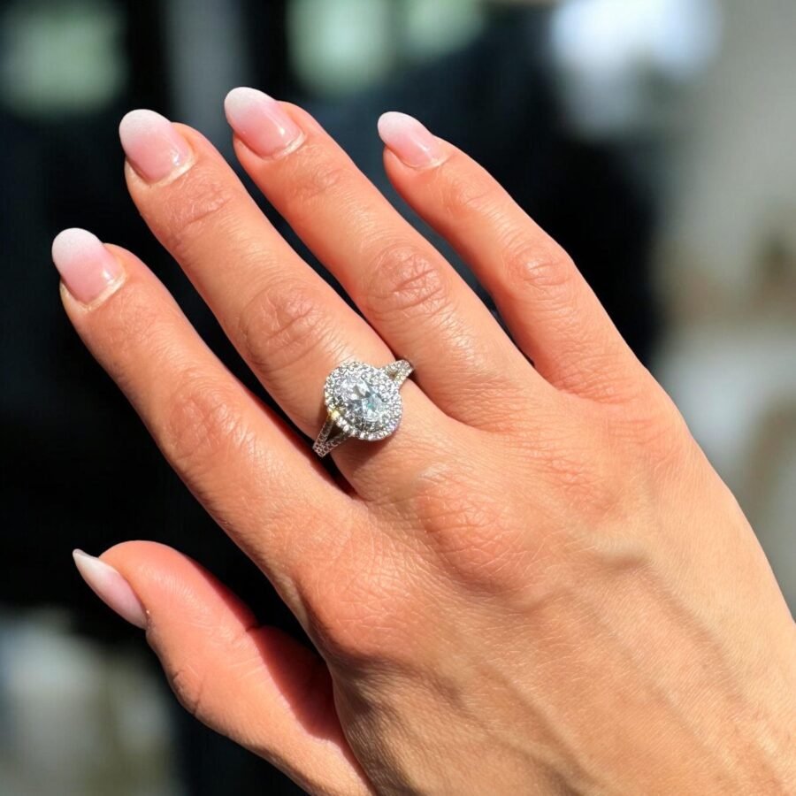 Oval diamond engagement ring, (E Color VVS2 Clarity) 1.15 carat lab-grown diamond, double diamond engagement ring, unique proposal ring. - Image 2