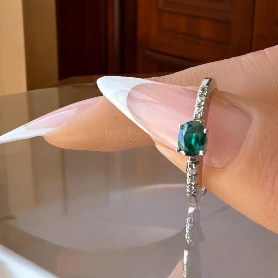 classic oval cut emerald .Emerald ring / 14 carat  ring with diamonds all around / Emerald ring in gold (D Color VVS1 Clarity) - Image 3