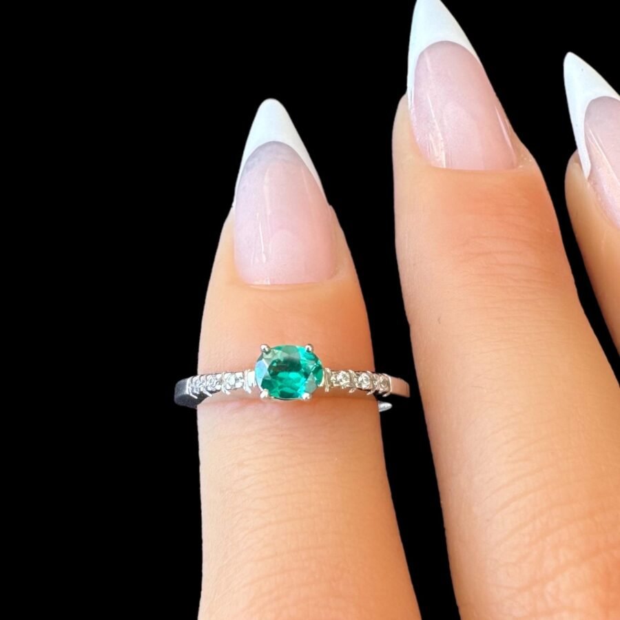 classic oval cut emerald .Emerald ring / 14 carat  ring with diamonds all around / Emerald ring in gold (D Color VVS1 Clarity) - Image 6