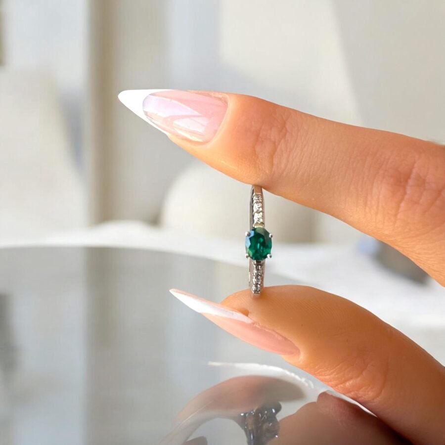 classic oval cut emerald .Emerald ring / 14 carat  ring with diamonds all around / Emerald ring in gold (D Color VVS1 Clarity) - Image 4