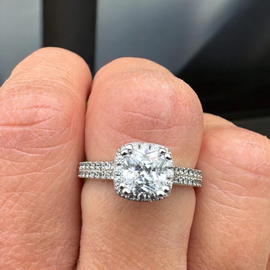 Diamond Ring,halo double pava ( E Color VVS2 Clarity) 1.75 carat,Engraved Engagement Ring,Cushion model Wedding Ring, Lab Grown Diamond,