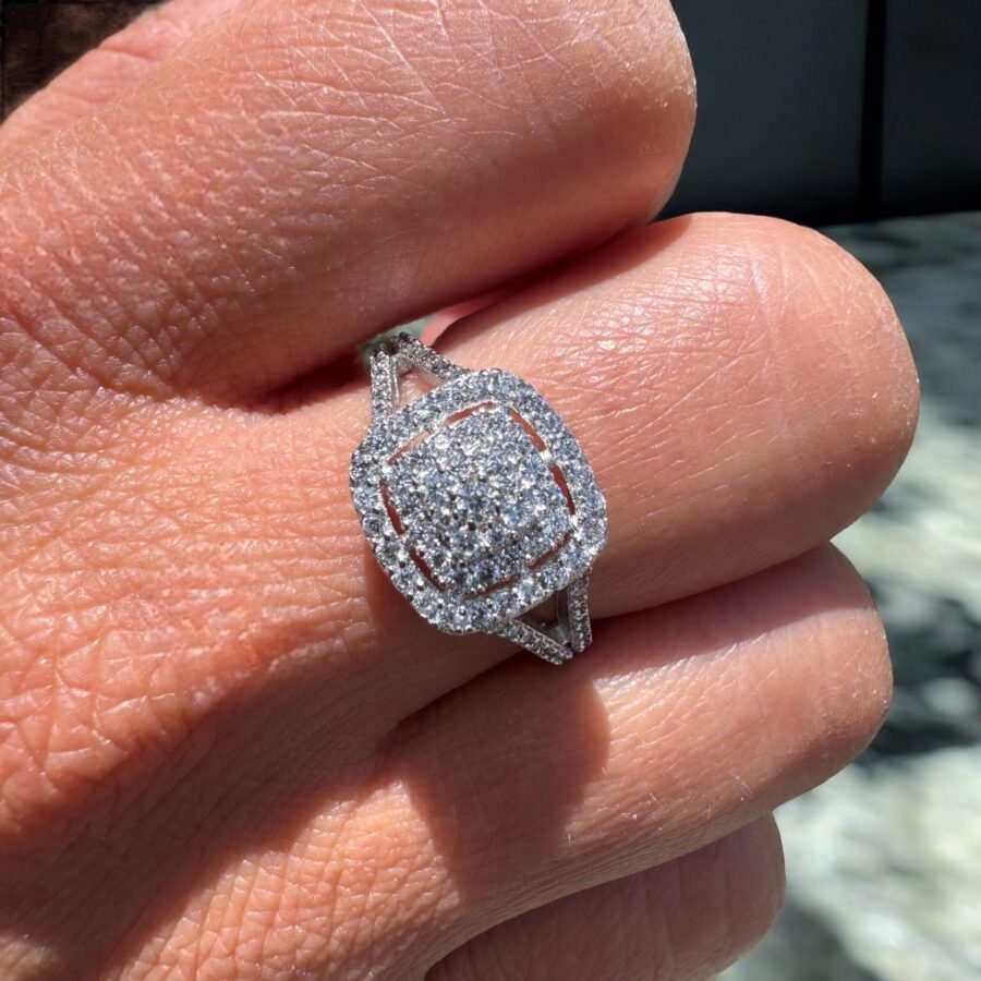 14K solid white gold cushion and round cut 0.93 carat,( E Color VVS2 Clarity) engagement ring and wedding band double halo wedding set - Image 3
