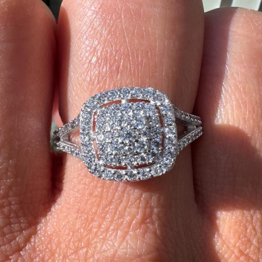 14K solid white gold cushion and round cut 0.93 carat,( E Color VVS2 Clarity) engagement ring and wedding band double halo wedding set
