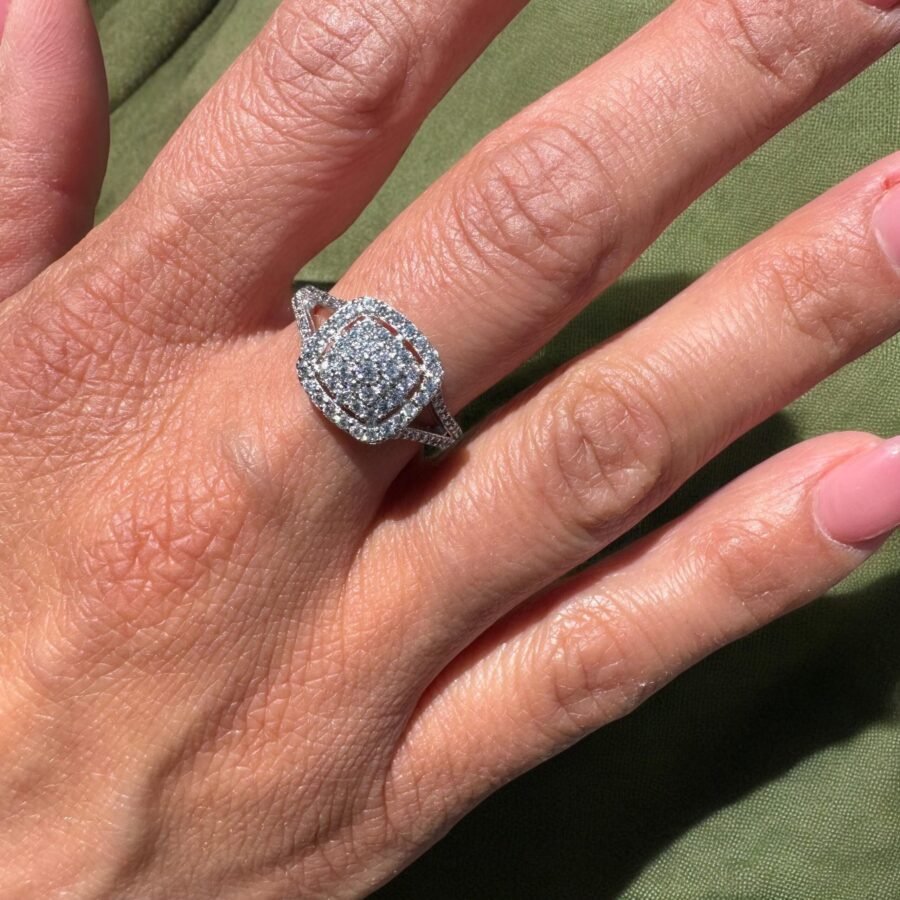 14K solid white gold cushion and round cut 0.93 carat,( E Color VVS2 Clarity) engagement ring and wedding band double halo wedding set - Image 2