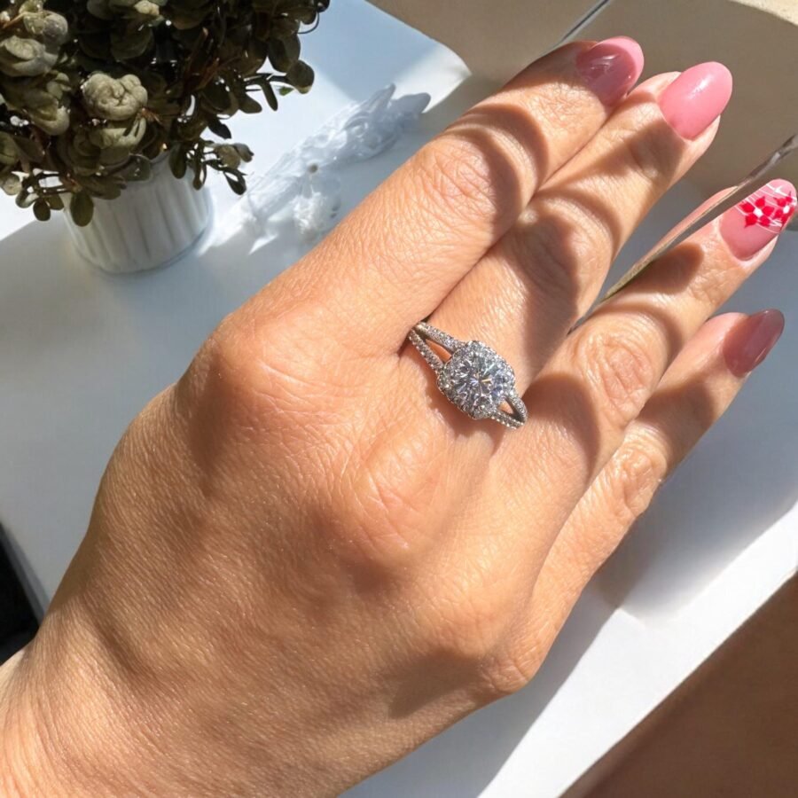 cushion diamond ring. double pava. diamond in  beautiful square design (E Color VVS2 Clarity) round cut. 1.50 carat. Inlaid with halo - Image 4