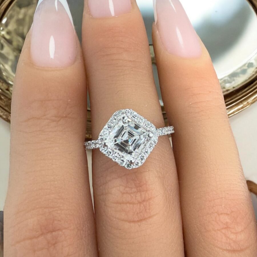 Lab Grown Diamond  1.87  carat Asscher Cut diamond Halo Engagement Ring, 14K White Gold Asscher  Ring, Pave Wedding Ring,unique design ring. - Image 4