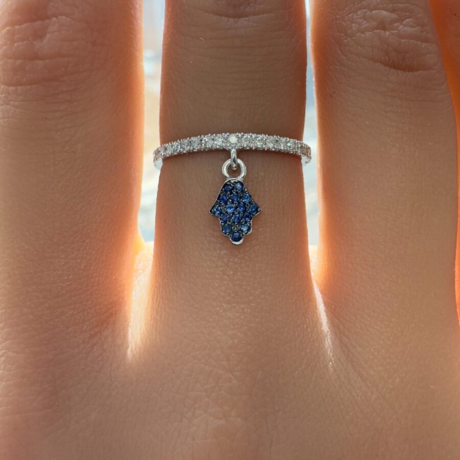 14K Gold Hamsa Diamond Ring with Sapphire Stones - Dainty Protection Jewelry, Good Luck Gift for Women, Symbolic Blue Sapphire Charm Ring - Image 10