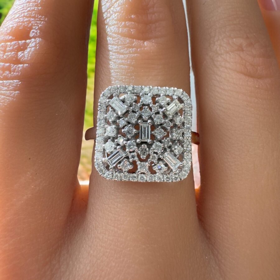 Luxurious Square Diamond Cluster Ring 14K Gold Statement Ring with Emerald Cut and Round Cut Diamonds -  Fine Gold Jewelry for Women - Image 3