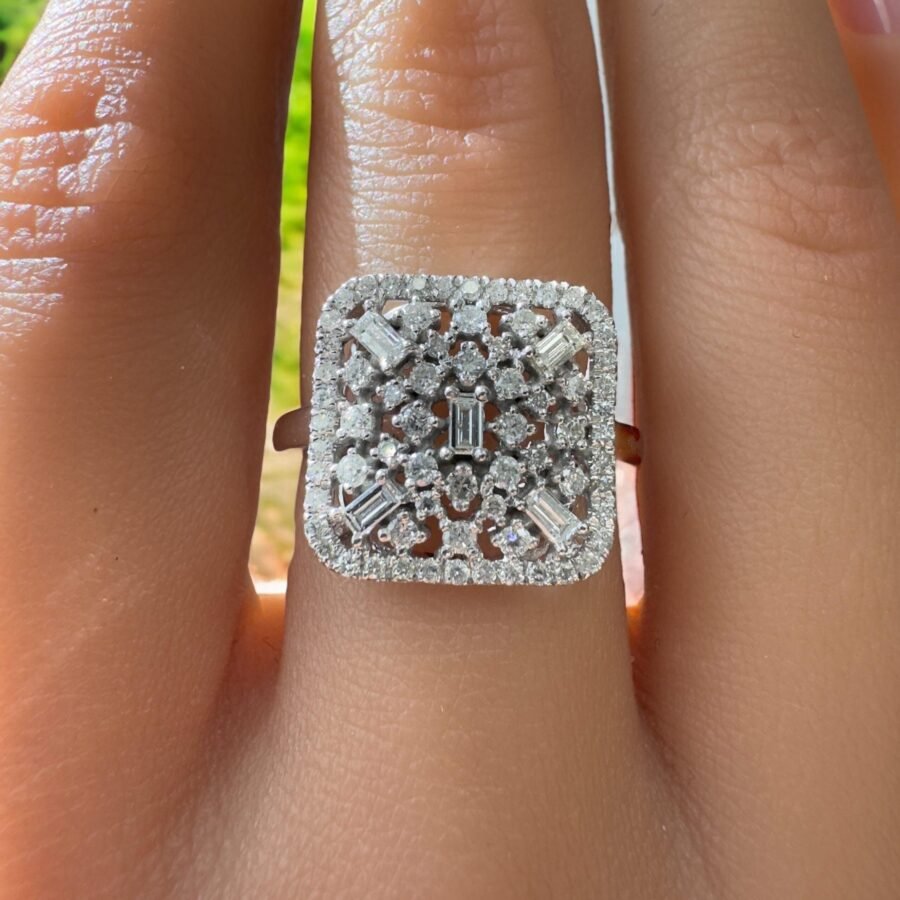 14K Gold Statement Ring with Emerald Cut and Round Cut Diamonds - Luxurious Square Diamond Cluster Ring, Fine Gold Jewelry for Women - Image 3