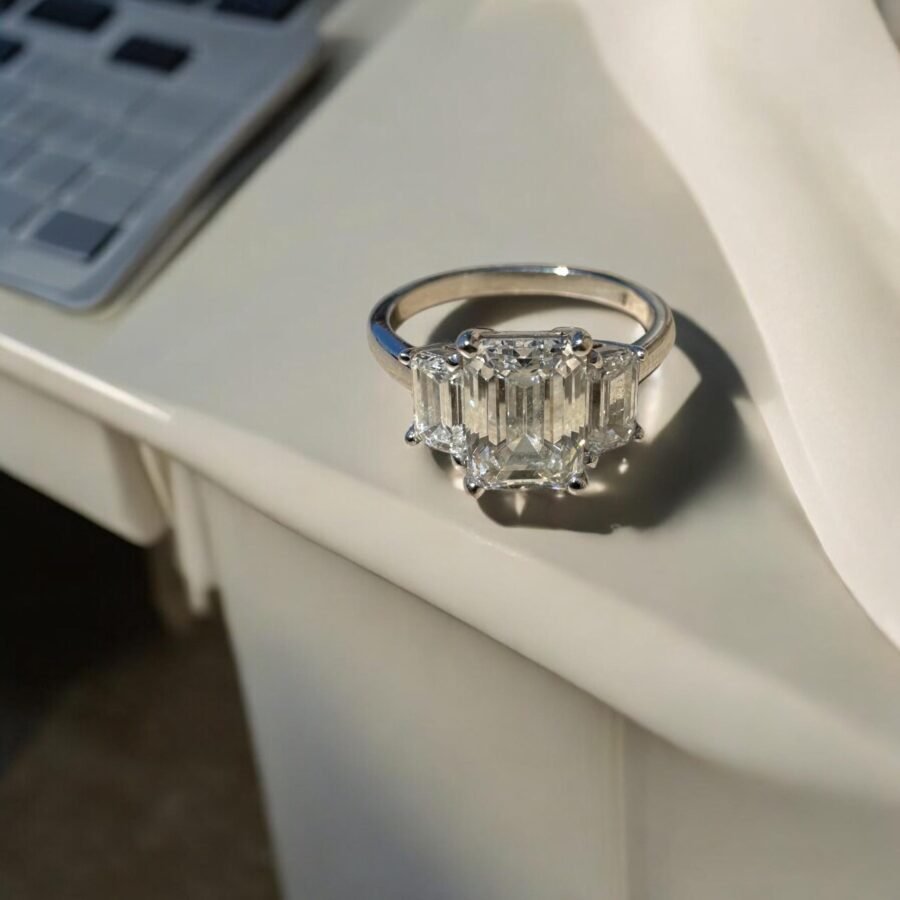 2.20 Carat lab-grown emerald-cut diamond ring, three-stone engagement ring, sided emeralds, anniversary gift, unique design ring. - Image 4
