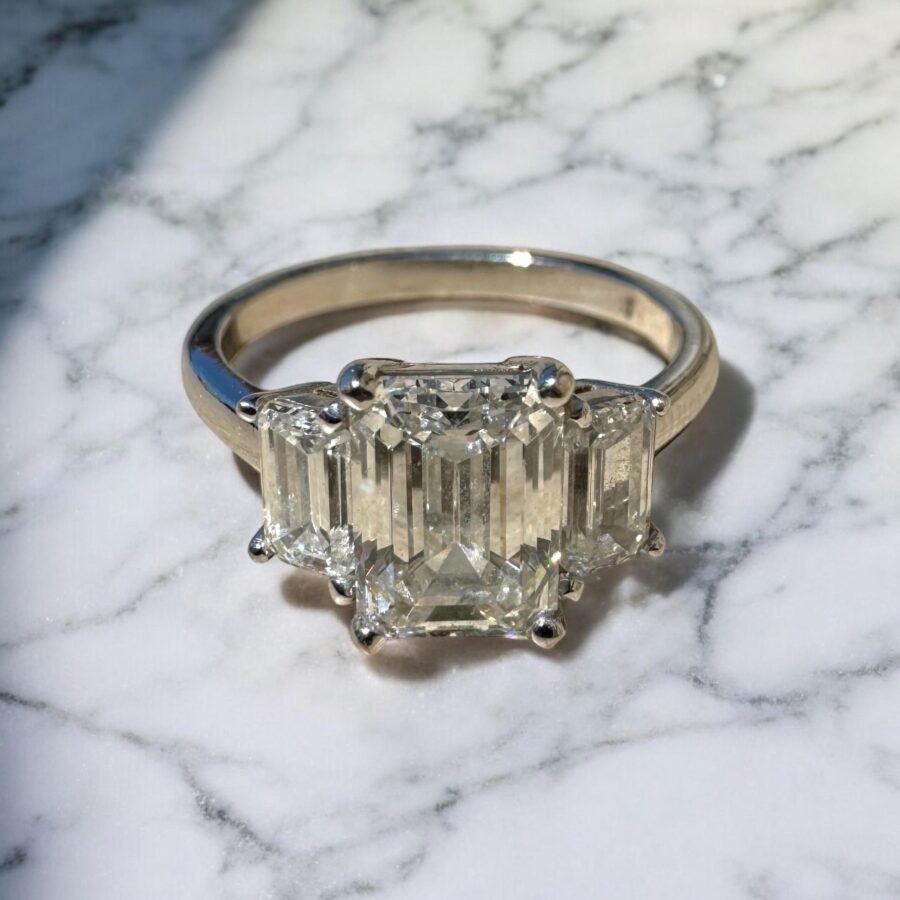 2.20 Carat lab-grown emerald-cut diamond ring, three-stone engagement ring, sided emeralds, anniversary gift, unique design ring. - Image 6