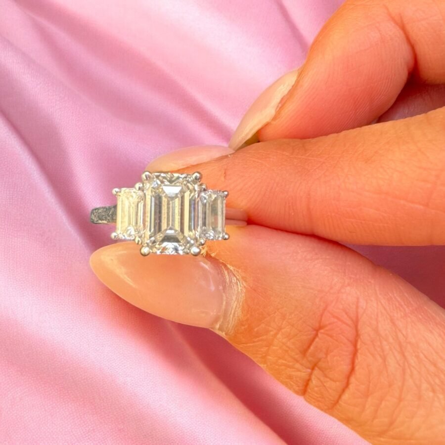 2.20 Carat lab-grown emerald-cut diamond ring, three-stone engagement ring, sided emeralds, anniversary gift, unique design ring. - Image 3