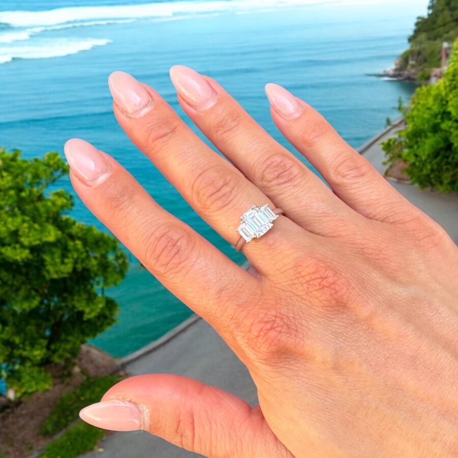2.20 Carat lab-grown emerald-cut diamond ring, three-stone engagement ring, sided emeralds, anniversary gift, unique design ring. - Image 9