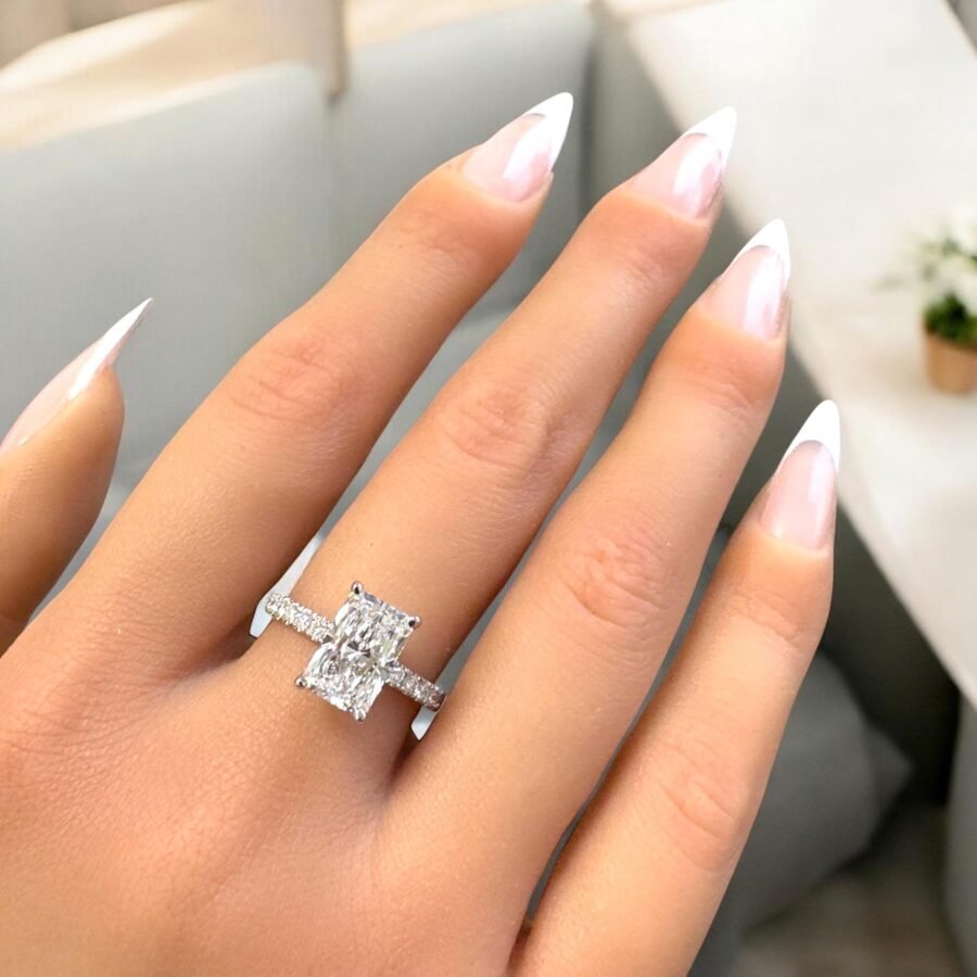 2 CARAT E VS1  Radiant Cut Diamond Engagement Ring in 14K Gold pave diamonds – Vintage Inspired Diamond Ring , Luxury Wedding Band - Image 2
