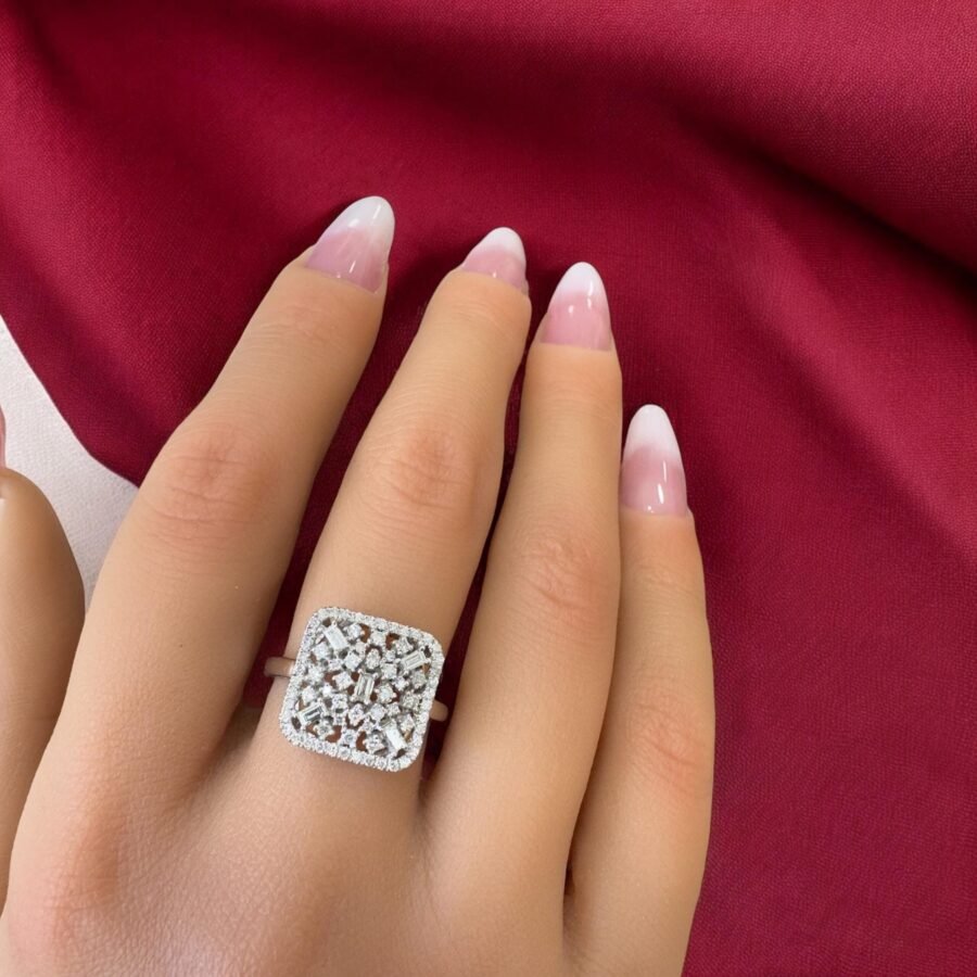 14K Gold Statement Ring with Emerald Cut and Round Cut Diamonds - Luxurious Square Diamond Cluster Ring, Fine Gold Jewelry for Women - Image 7