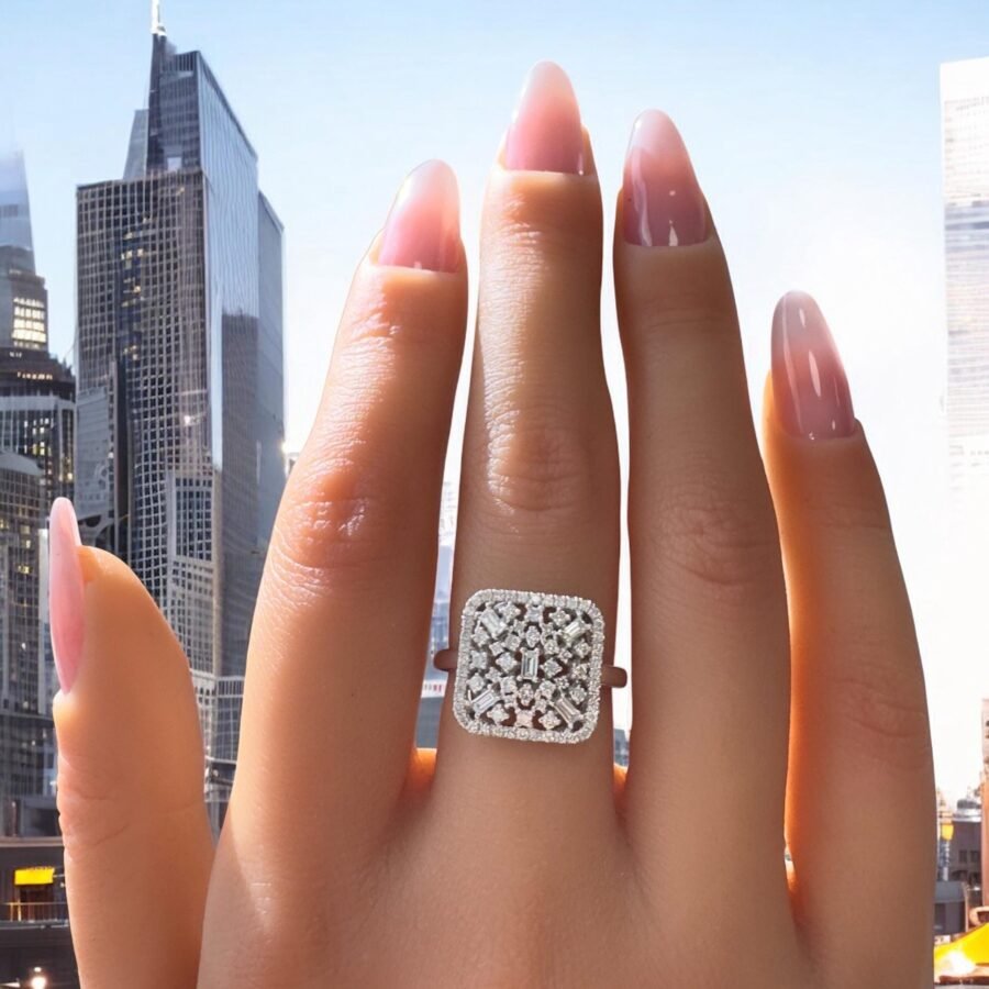 14K Gold Statement Ring with Emerald Cut and Round Cut Diamonds - Luxurious Square Diamond Cluster Ring, Fine Gold Jewelry for Women - Image 2