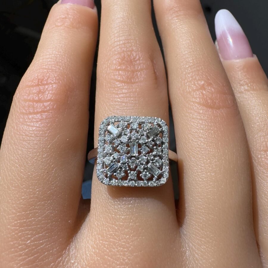14K Gold Statement Ring with Emerald Cut and Round Cut Diamonds - Luxurious Square Diamond Cluster Ring, Fine Gold Jewelry for Women - Image 9