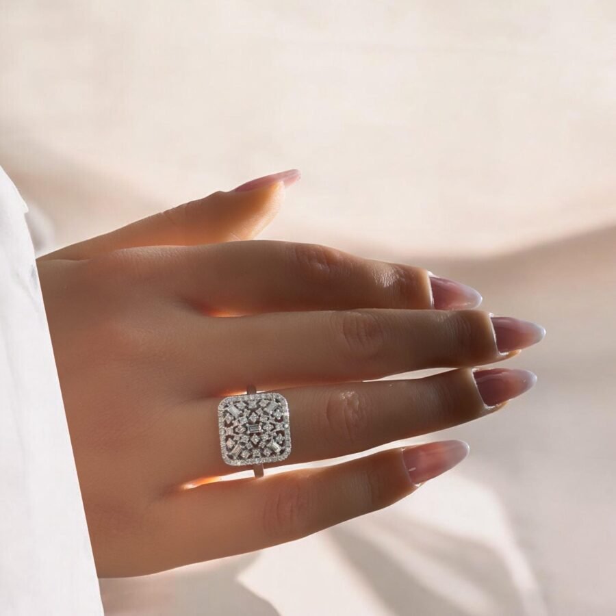 14K Gold Statement Ring with Emerald Cut and Round Cut Diamonds - Luxurious Square Diamond Cluster Ring, Fine Gold Jewelry for Women - Image 4