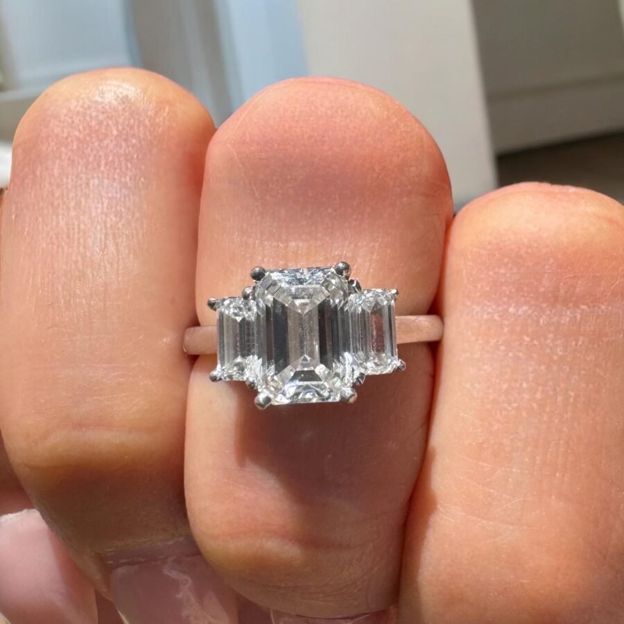 2.20 Carat lab-grown emerald-cut diamond ring, three-stone engagement ring, sided emeralds, anniversary gift, unique design ring. - Image 10