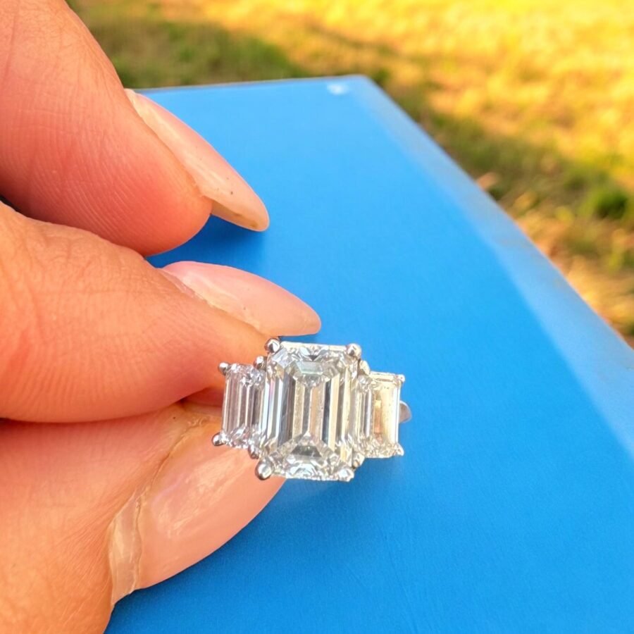 2.20 Carat lab-grown emerald-cut diamond ring, three-stone engagement ring, sided emeralds, anniversary gift, unique design ring. - Image 7