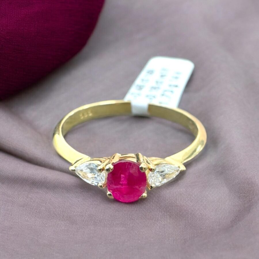 Elegant 14K Gold Ring with Central Ruby Stone and Pear-Cut Diamond Side Stones - Unique Gemstone Engagement Ring for Women.Luxury Jewelry - Image 9