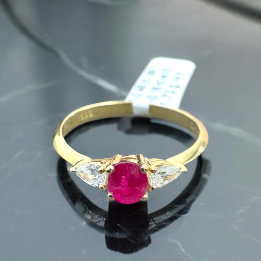 Elegant 14K Gold Ring with Central Ruby Stone and Pear-Cut Diamond Side Stones - Unique Gemstone Engagement Ring for Women.Luxury Jewelry - Image 4