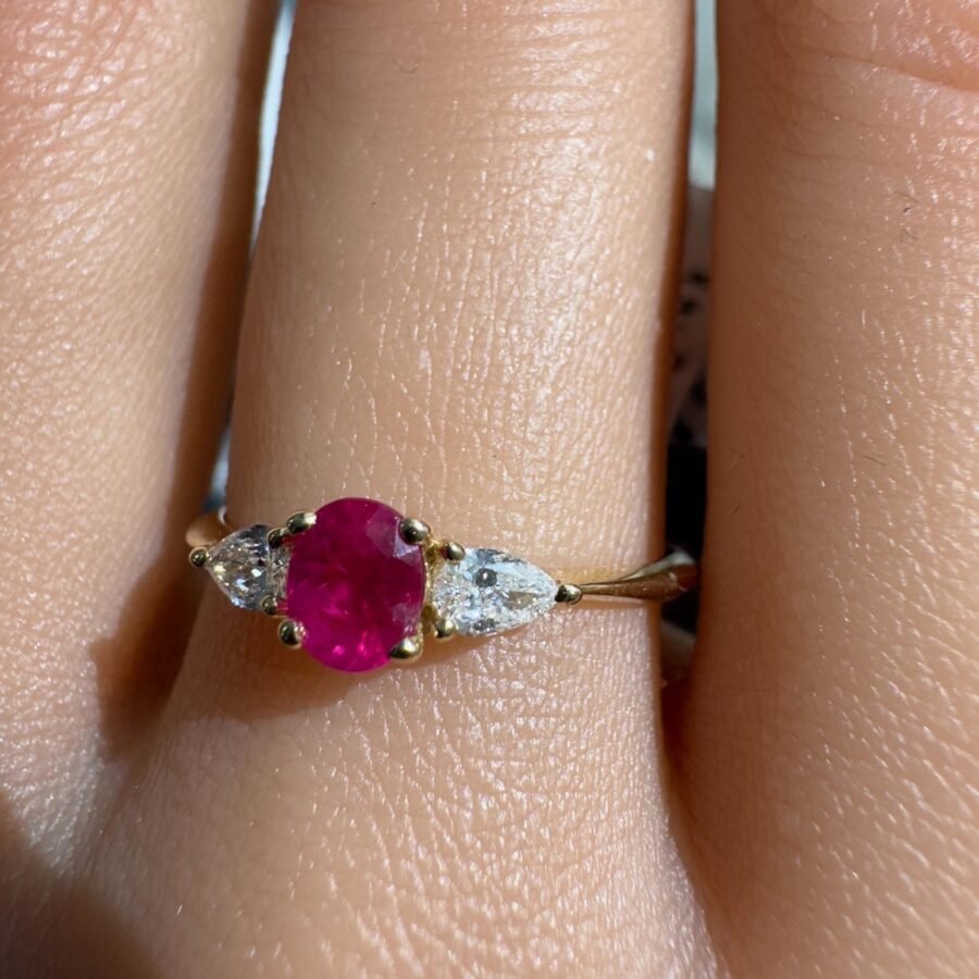 Elegant 14K Gold Ring with Central Ruby Stone and Pear-Cut Diamond Side Stones - Unique Gemstone Engagement Ring for Women.Luxury Jewelry - Image 3