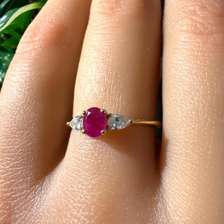 Elegant 14K Gold Ring with Central Ruby Stone and Pear-Cut Diamond Side Stones - Unique Gemstone Engagement Ring for Women.Luxury Jewelry - Image 8