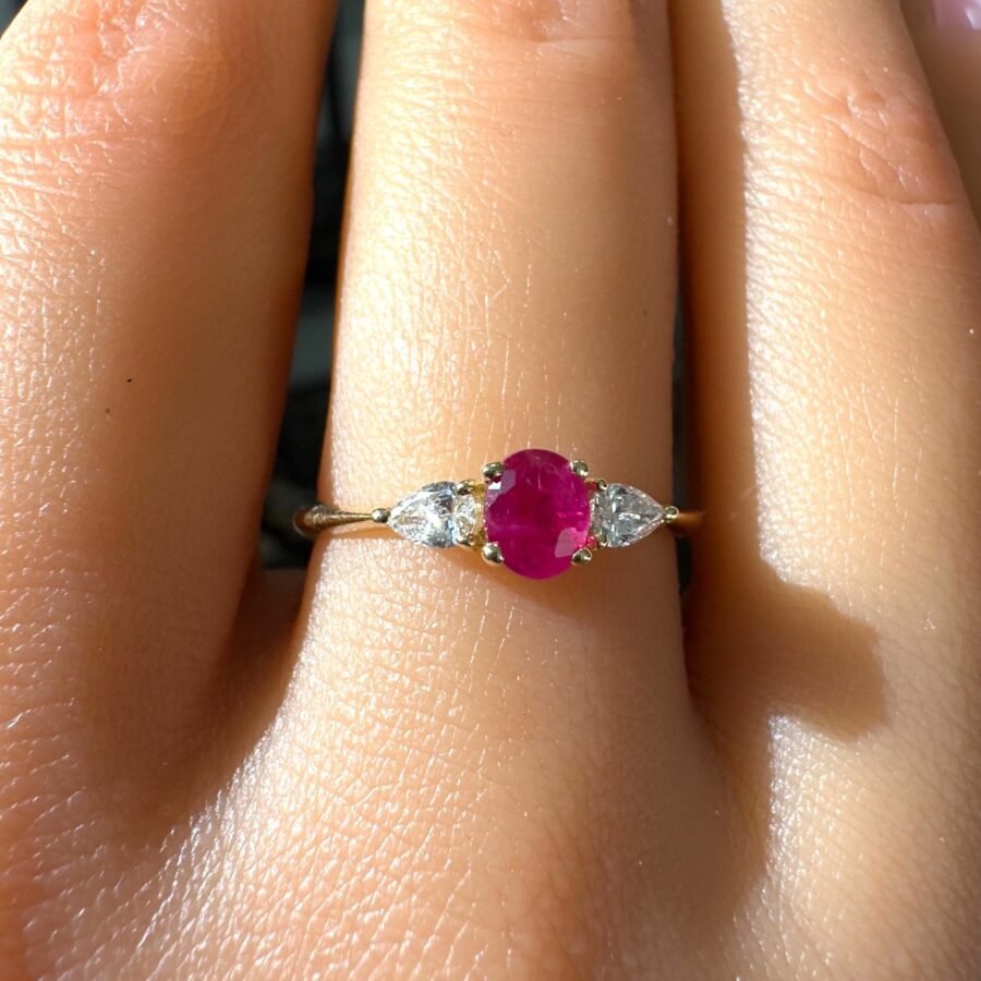 Elegant 14K Gold Ring with Central Ruby Stone and Pear-Cut Diamond Side Stones - Unique Gemstone Engagement Ring for Women.Luxury Jewelry