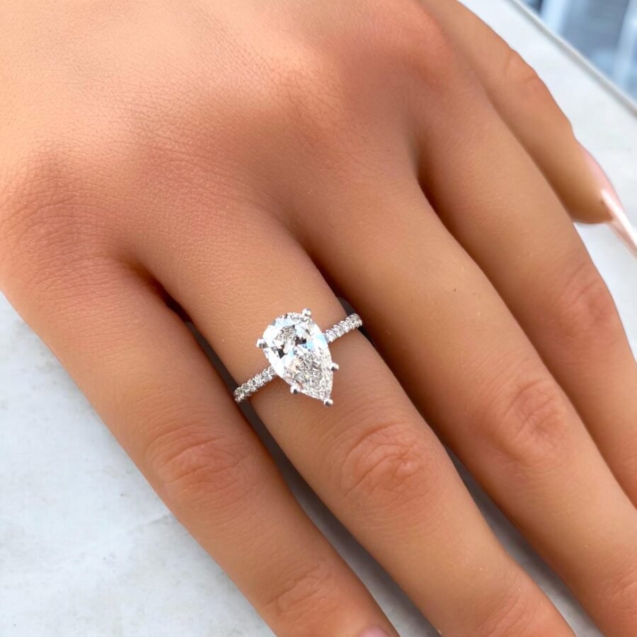 Pear shape  1.70 Diamond Engagement Ring with pave Diamonds  Luxury Drop-Cut Diamond Ring for  & Proposals Elegant Bridal Jewelry.14k Gold - Image 2