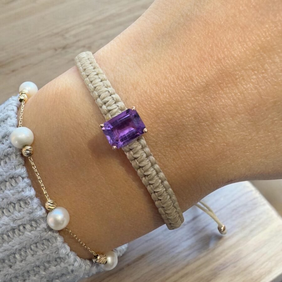 Beige Wire Bracelet with Amethyst Stone Inlay February Birthstone Jewelry Handmade Macrame Bracelet for Women Jewelry Gift 2024 - Image 10